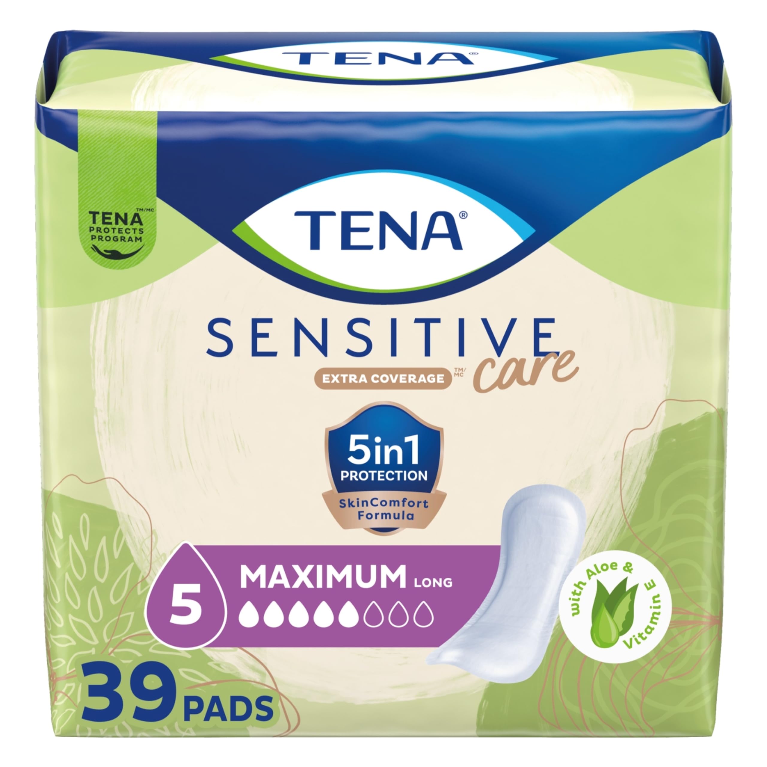 TENA empaque frontal que muestra 39 unidades y protección fácil