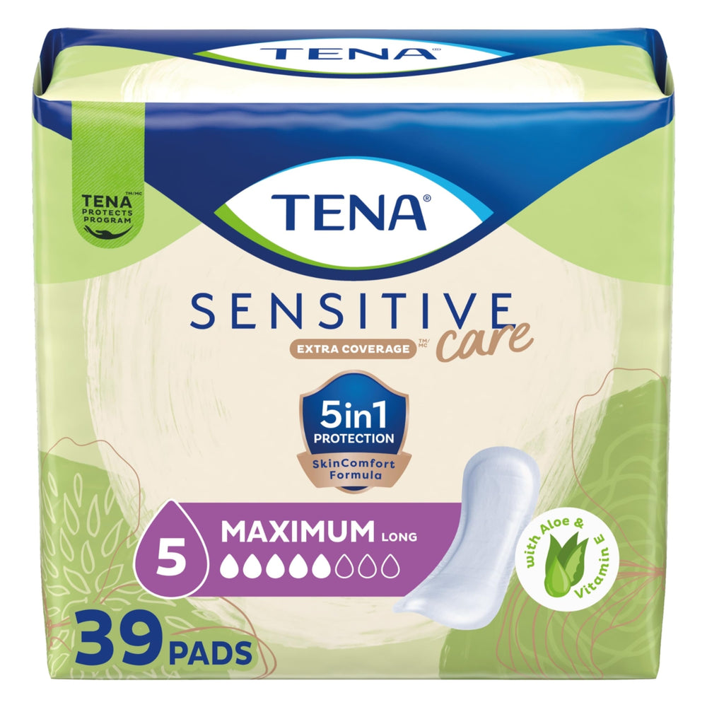 TENA empaque frontal que muestra 39 unidades y protección fácil