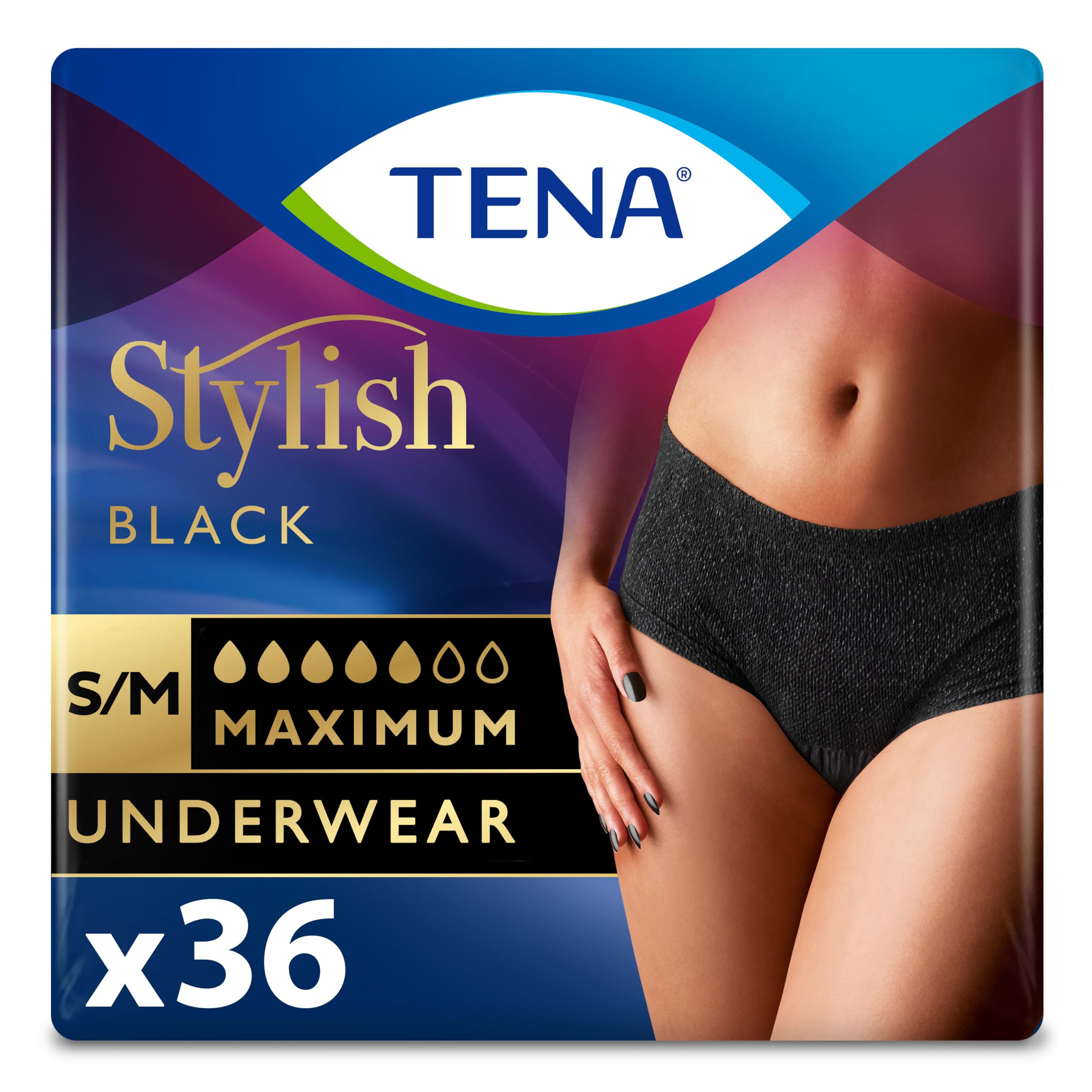 TENA Stylish Black packaging frontal mostrando diseño y discreción