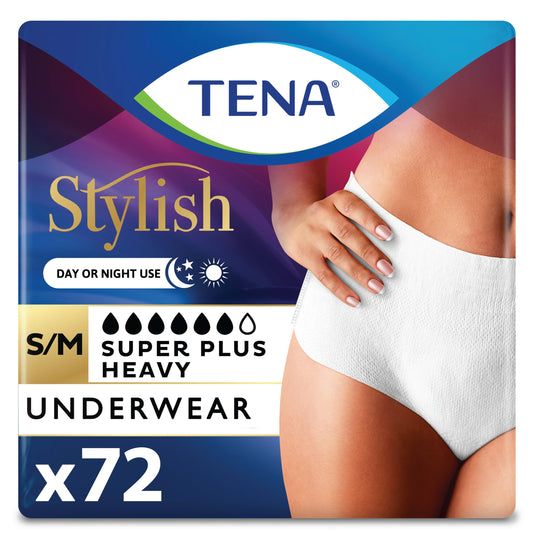 TENA frontal del empaque mostrando 72 unidades y beneficio de suministro prolongado