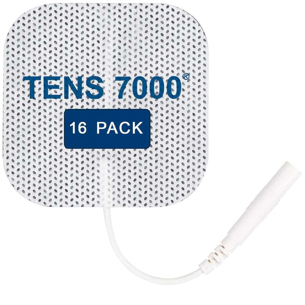 TENS 7000 frontal del empaque mostrando el paquete de 16 electrodos y conveniencia
