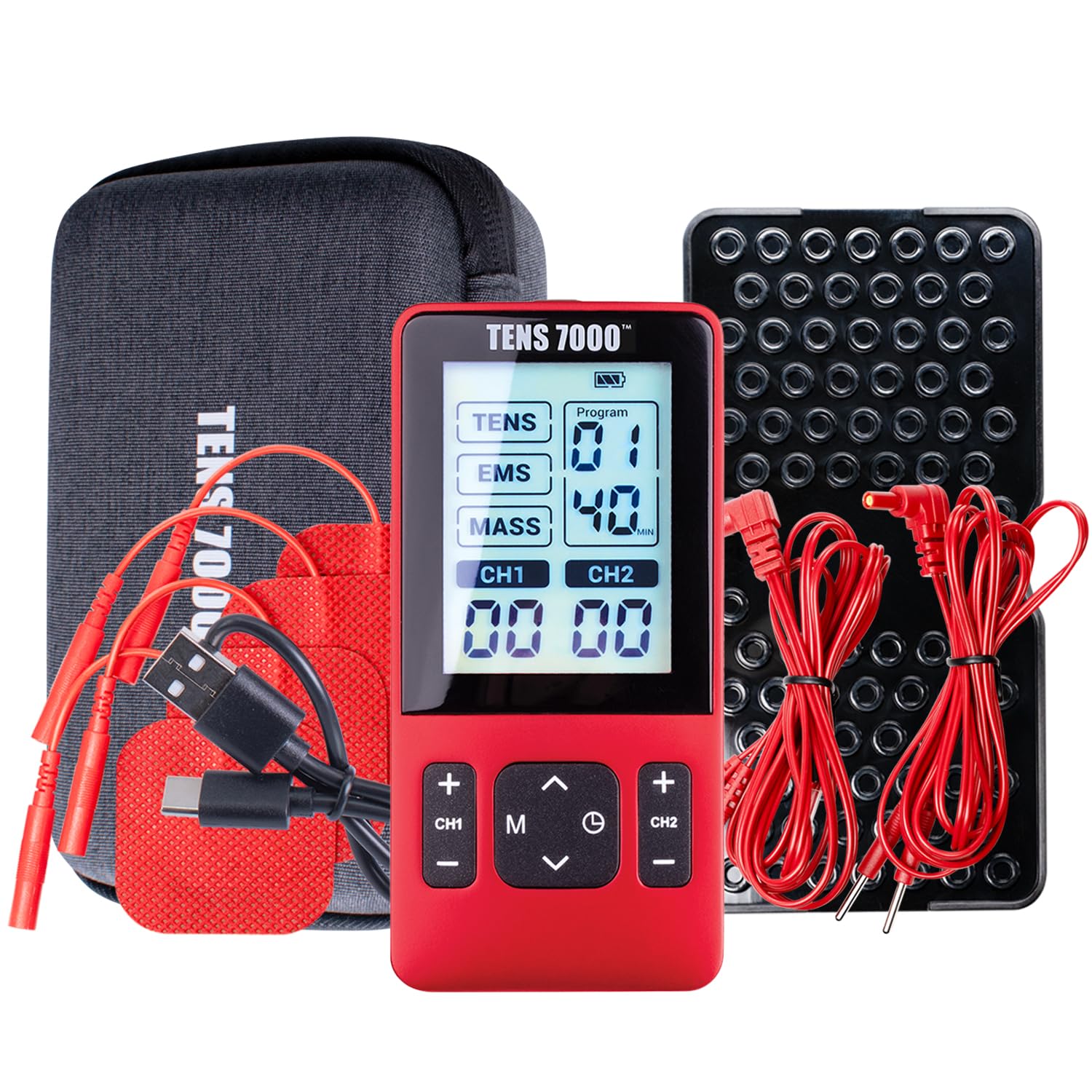 TENS 7000 frontal mostrando pantalla y botones, marca y control preciso