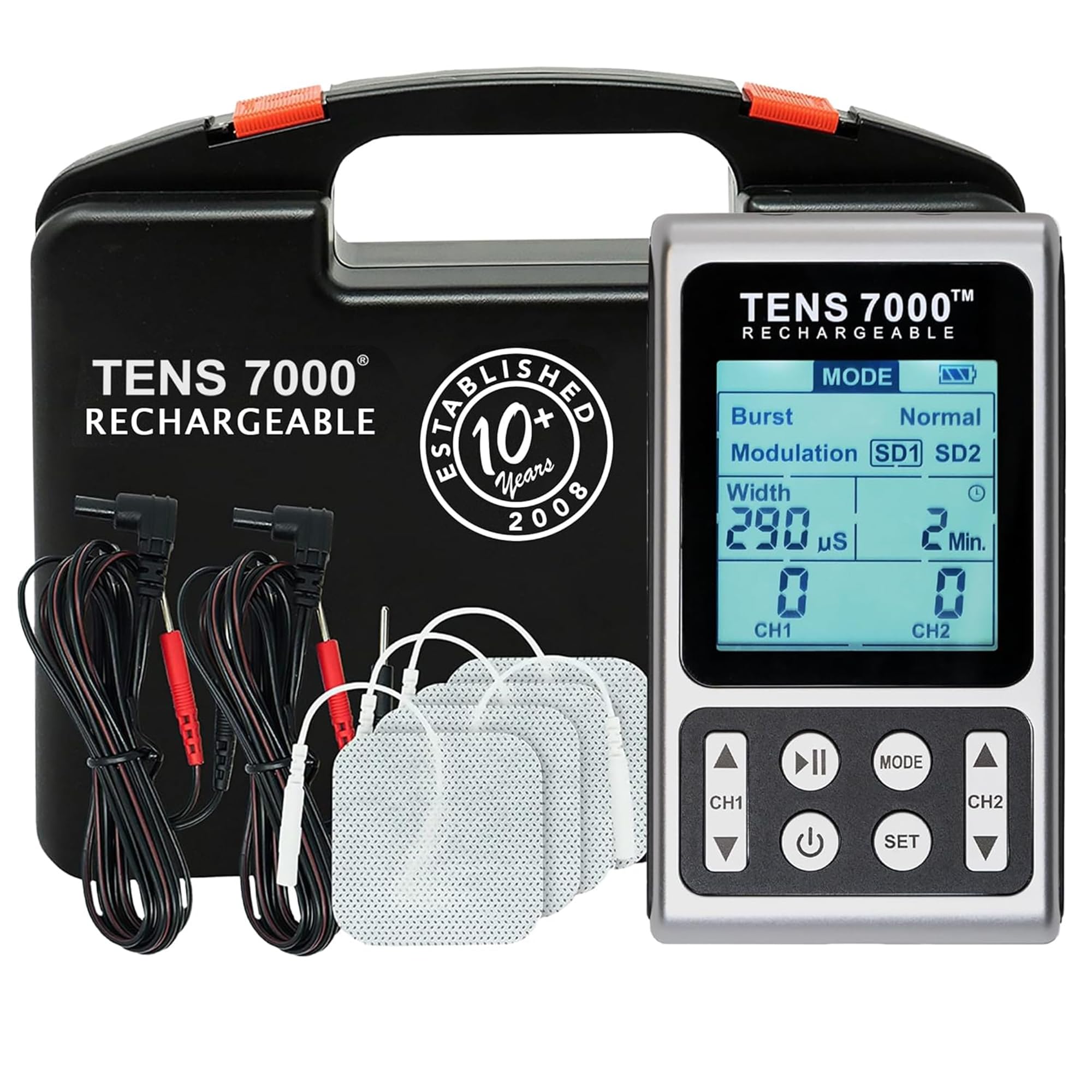 TENS 7000 vista frontal con pantalla y beneficios de control preciso