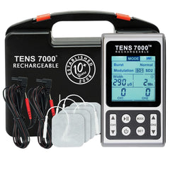 TENS 7000 vista frontal con pantalla y beneficios de control preciso