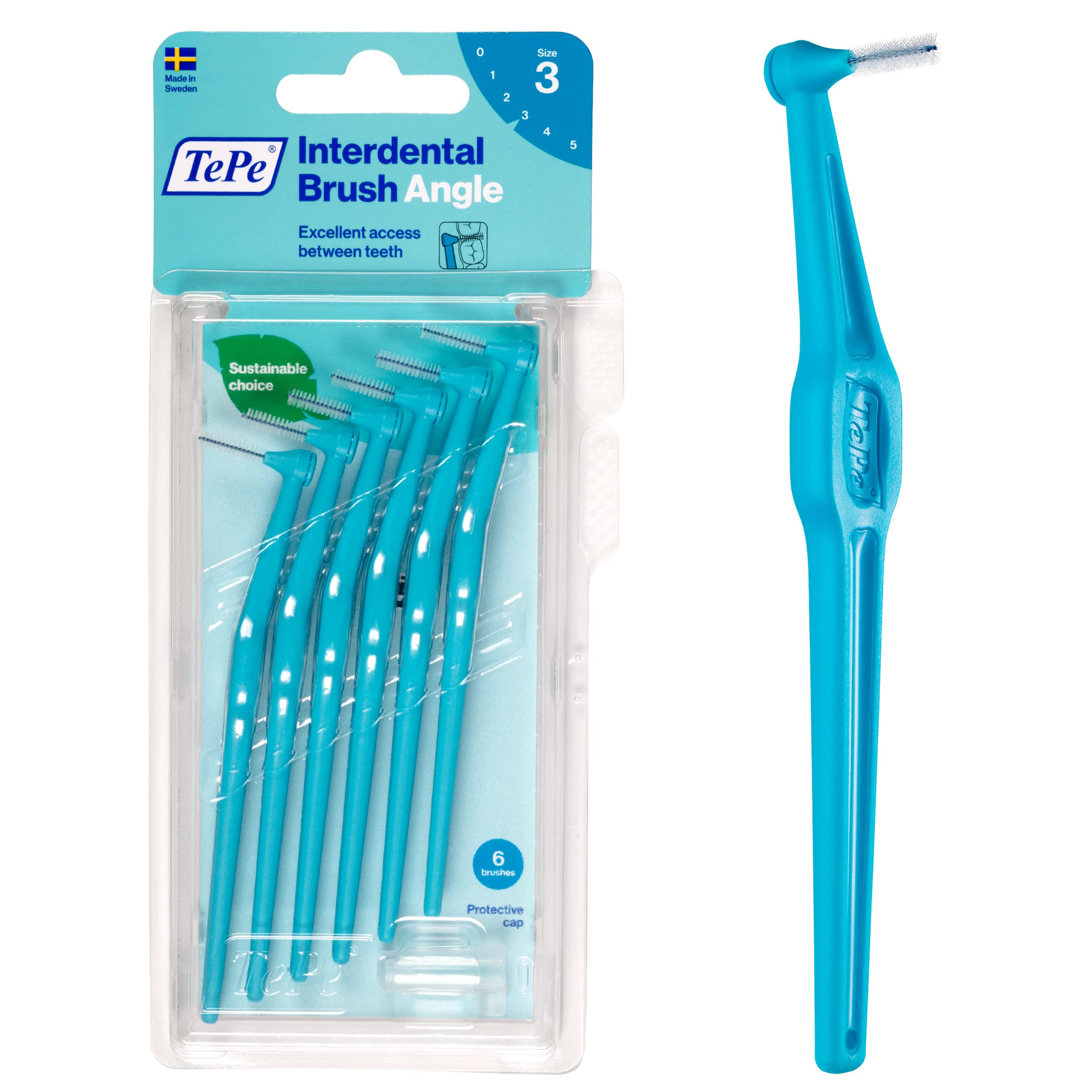 TePe cepillo interdental frontal mostrando tamaño y color azul para limpieza precisa