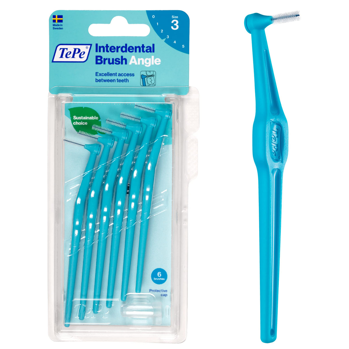 TePe cepillo interdental frontal mostrando tamaño y color azul para limpieza precisa