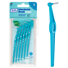 TePe cepillo interdental frontal mostrando tamaño y color azul para limpieza precisa