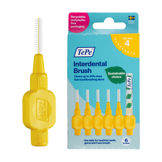 TePe cepillo interdental frontal pack mostrando 6 unidades y color amarillo