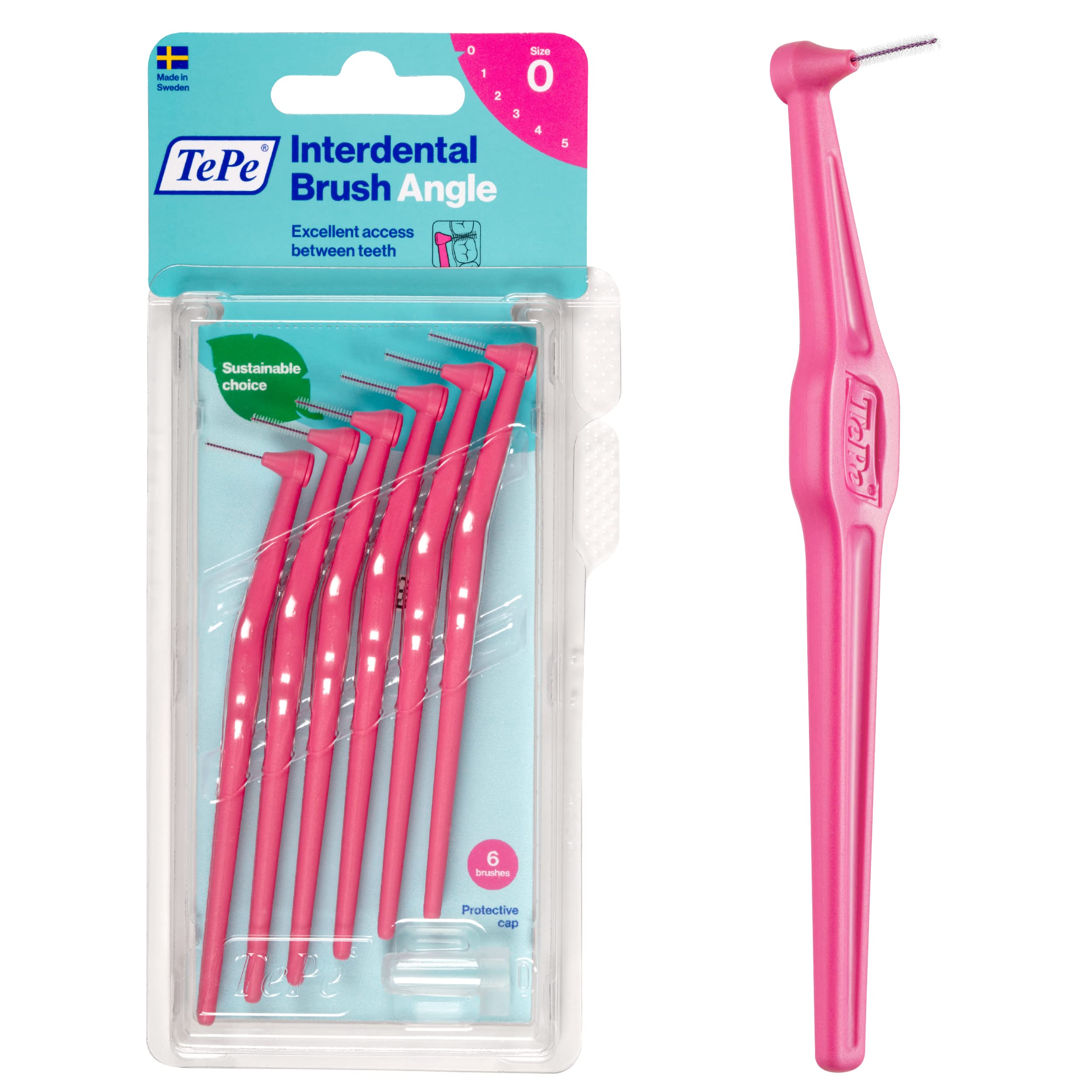 TePe cepillo interdental frontal mostrando diseño angular y facilidad de uso