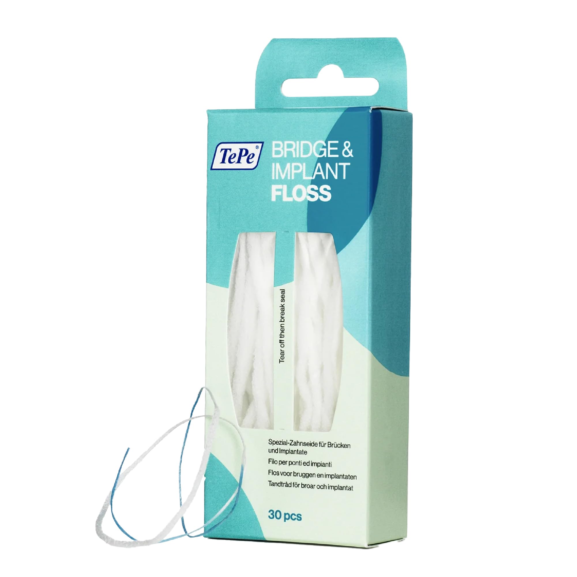 TePe paquete frontal de Bridge and Implant Floss, limpieza dirigida para prótesis