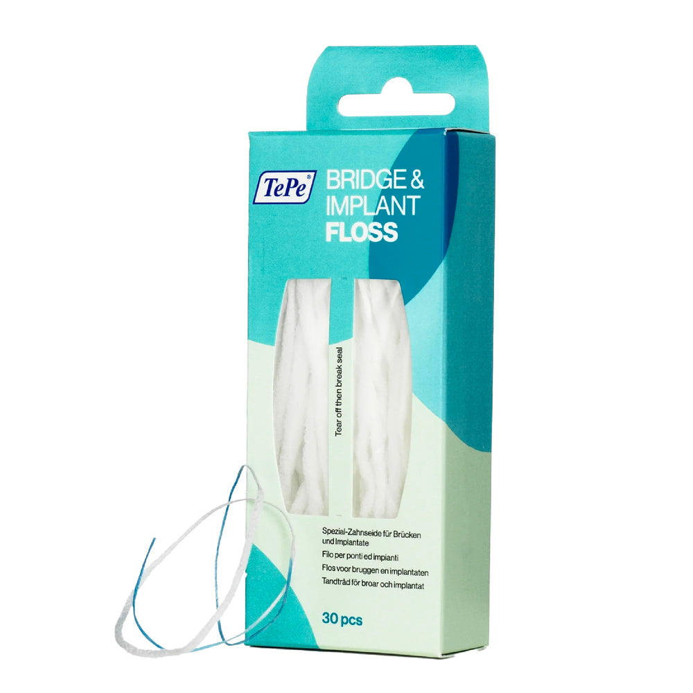 TePe paquete frontal de Bridge and Implant Floss, limpieza dirigida para prótesis