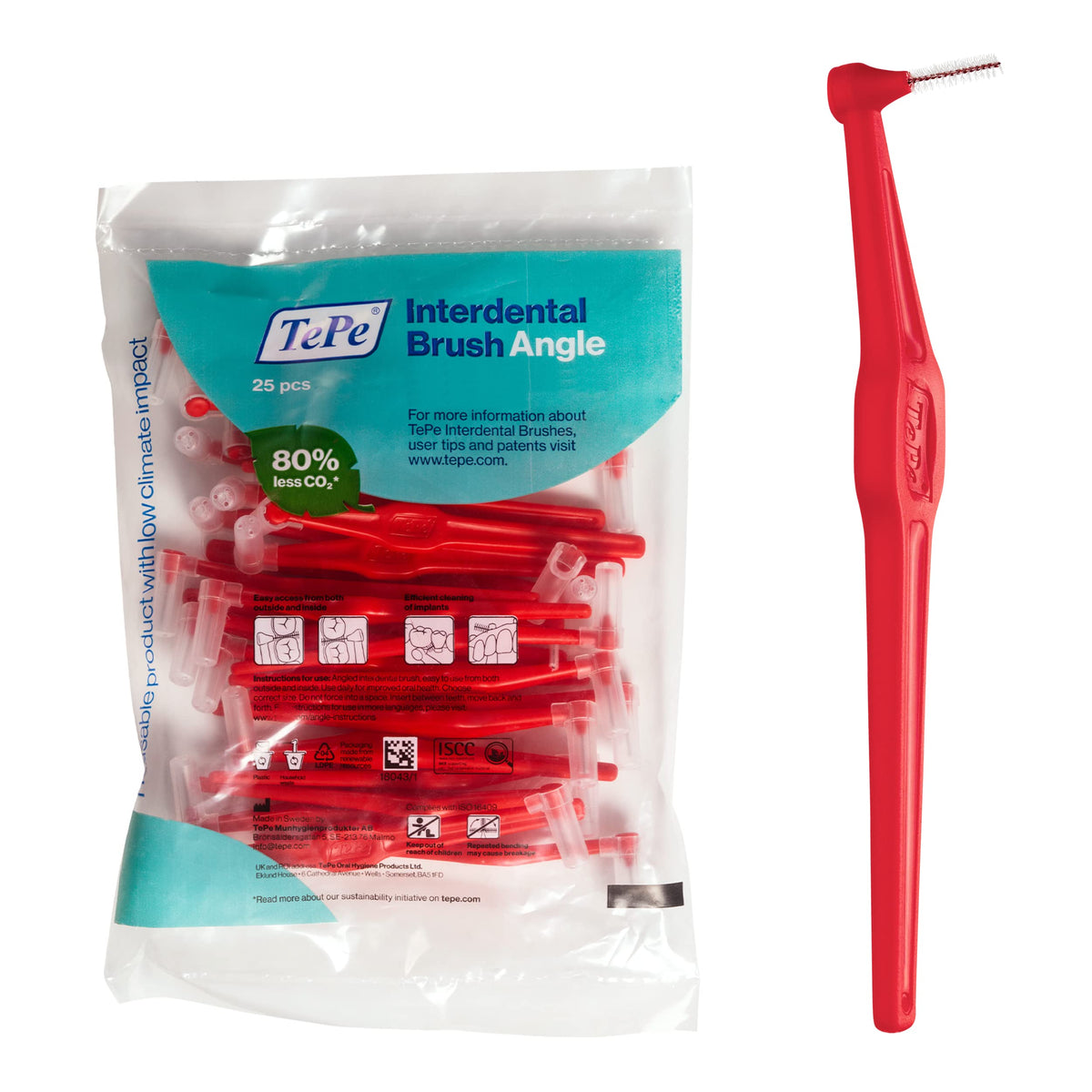 TePe empaque frontal del pack de 25, visibilidad del color rojo y tamaño