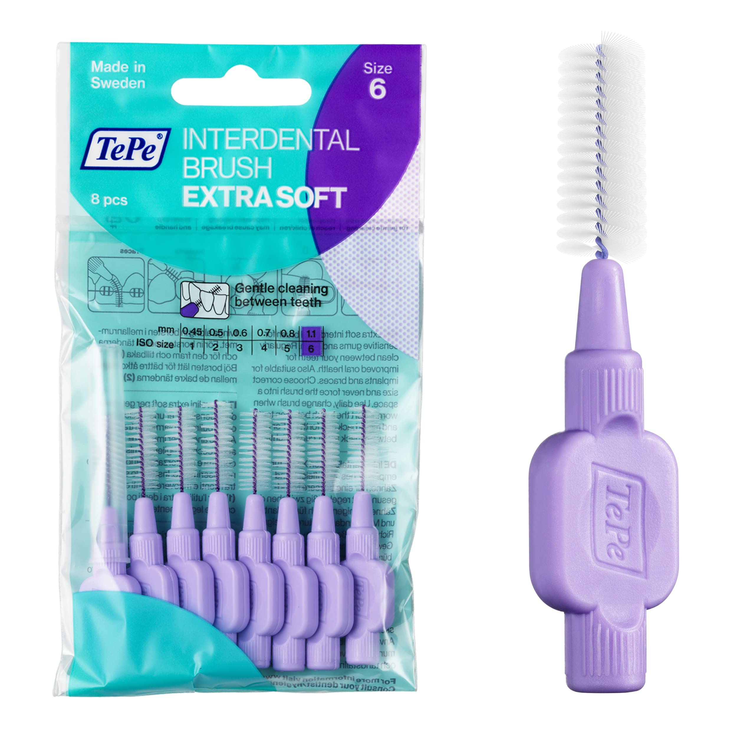 TePe pack frontal de 8 cepillos morados mostrando presentación y cantidad