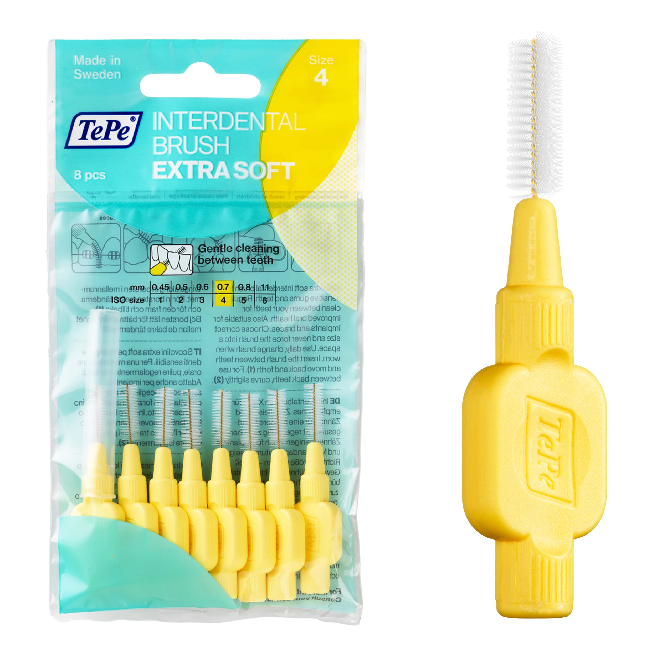 TePe envase frontal mostrando pack de ocho cepillos amarillos, fácil identificación
