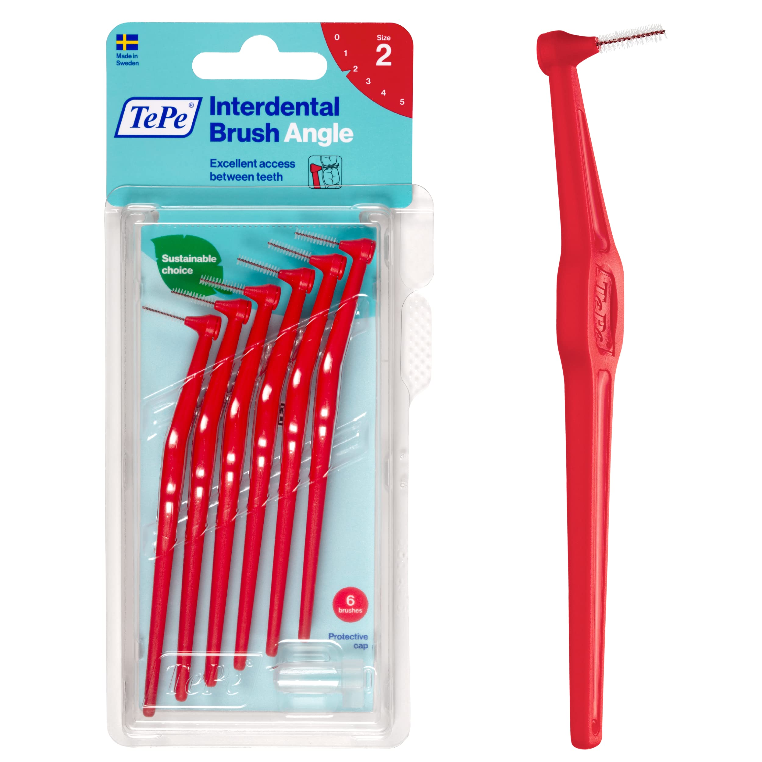 TePe pack frontal 6 unidades mostrando color rojo y tamaño 0,5 mm para limpieza precisa