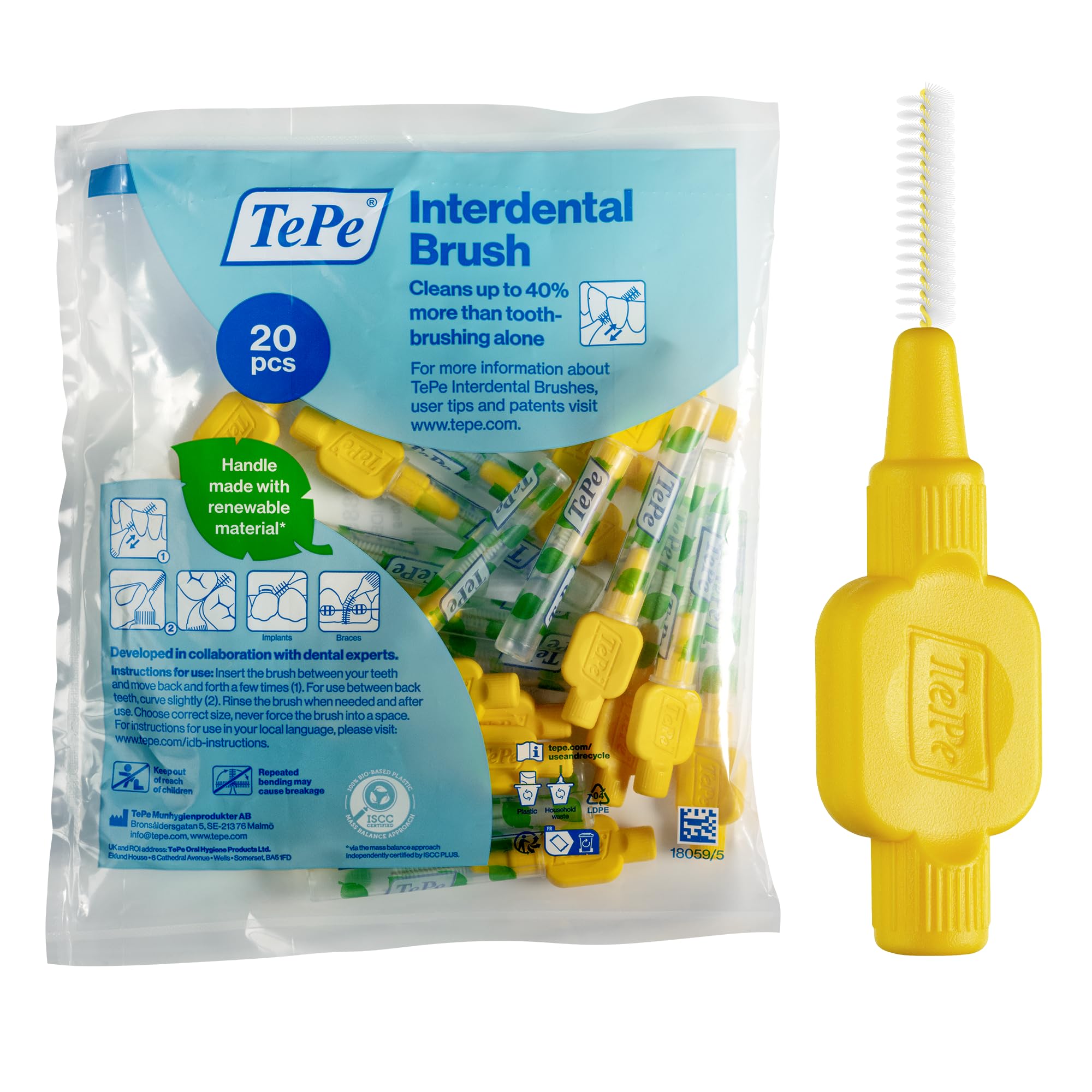TePe pack frontal mostrando 20 cepillos interdentales beneficio organización
