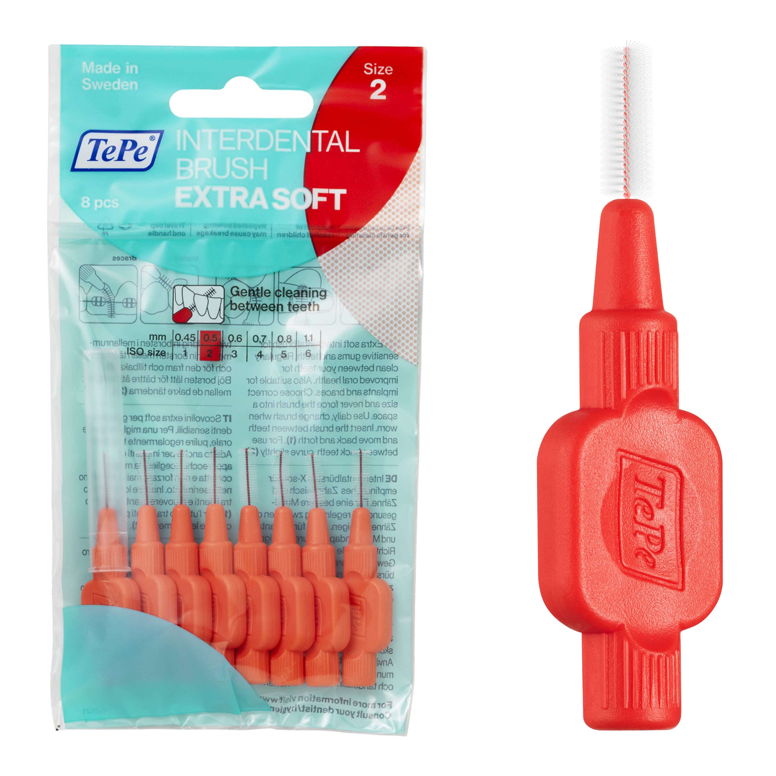 TePe pack frontal mostrando 8 cepillos interdental para higiene precisa