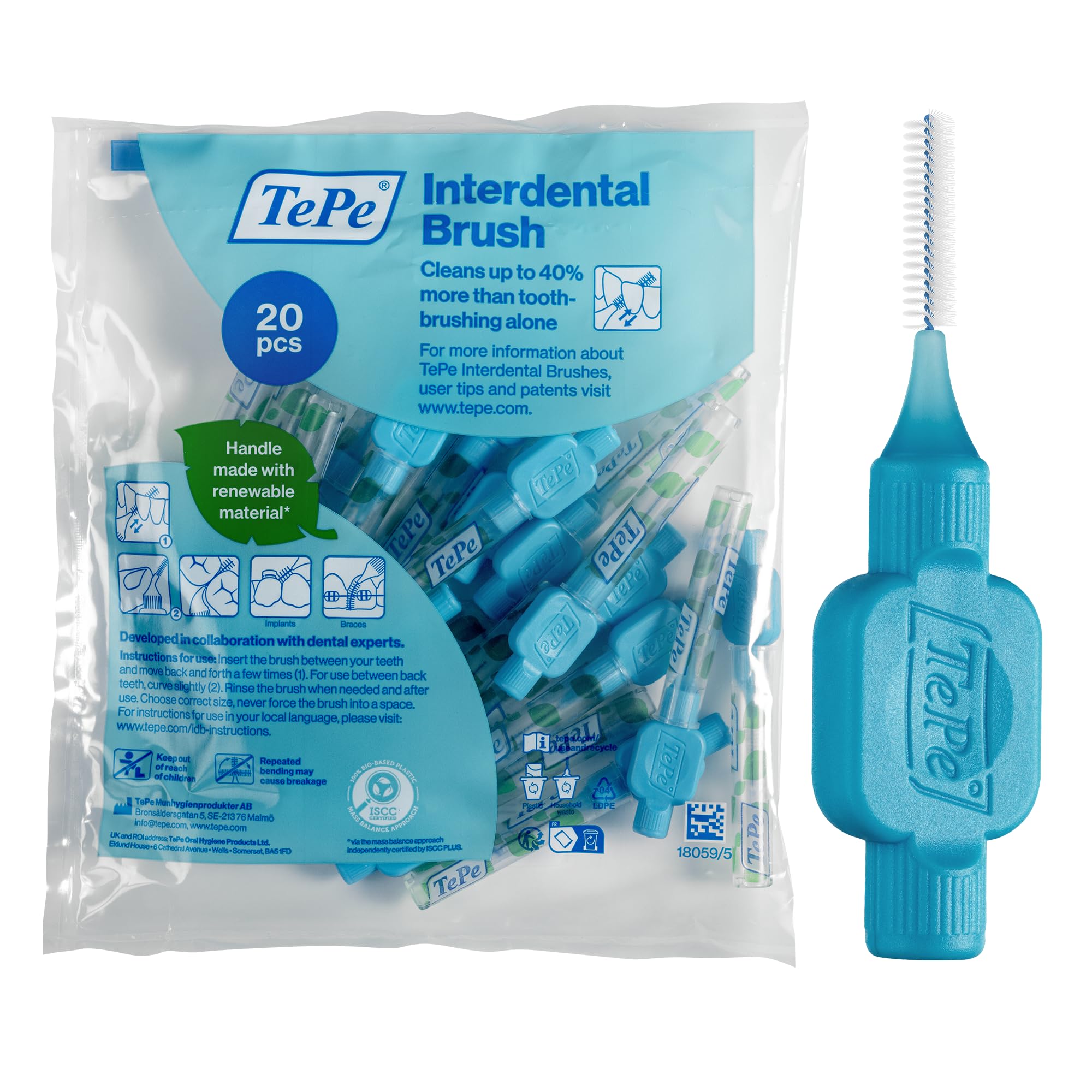 TePe pack frontal mostrando 20 cepillos azules para limpieza interdental y organización