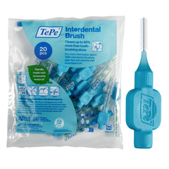 TePe pack frontal mostrando 20 cepillos azules para limpieza interdental y organización