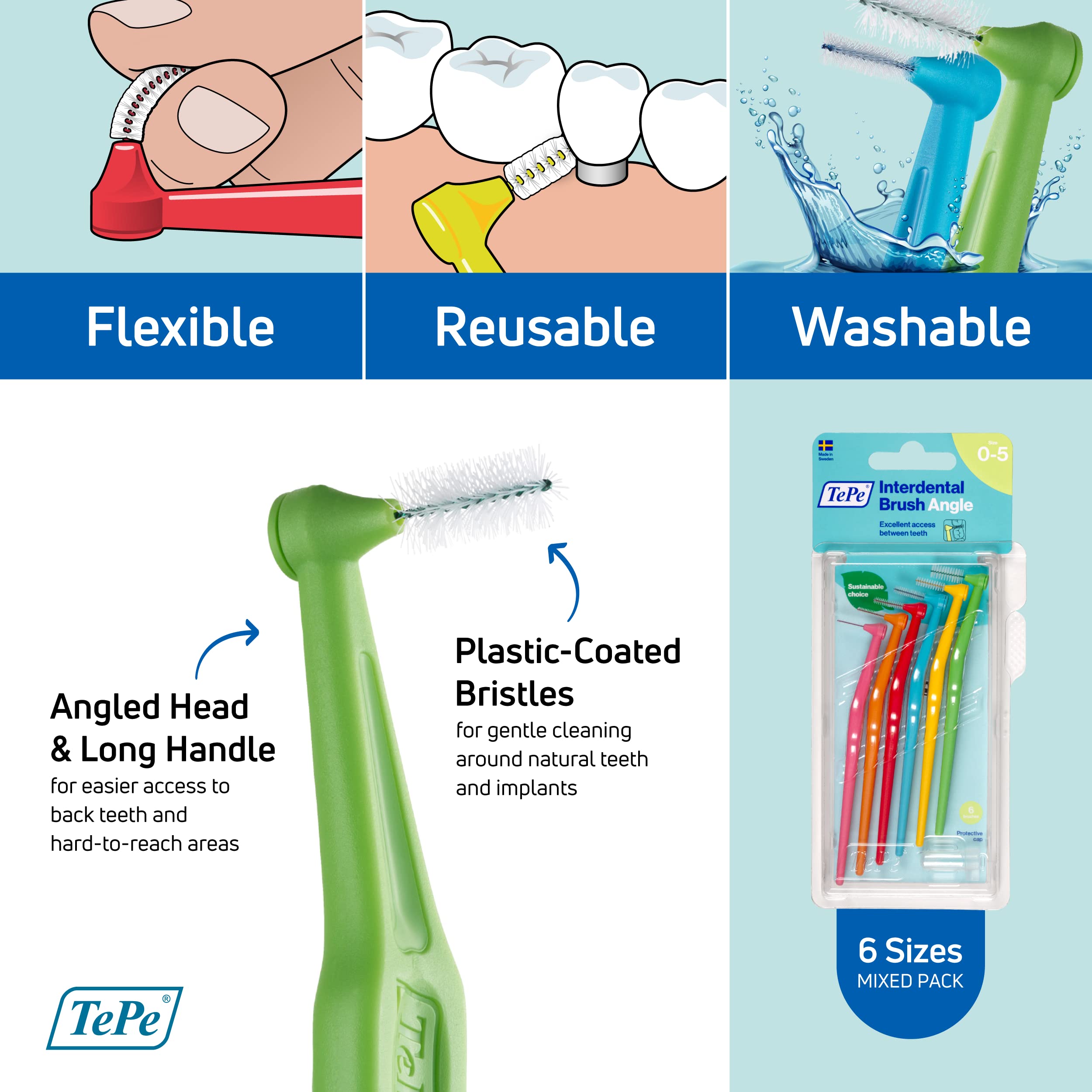 TePe cepillo interdental en uso entre dientes junto a una corona, higiene precisa