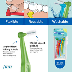 TePe cepillo interdental en uso entre dientes junto a una corona, higiene precisa