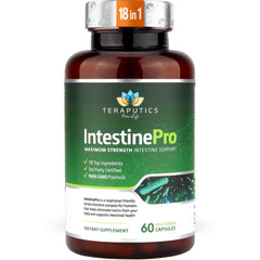 Teraputics IntestinePro frasco frontal mostrando la marca y beneficio digestivo