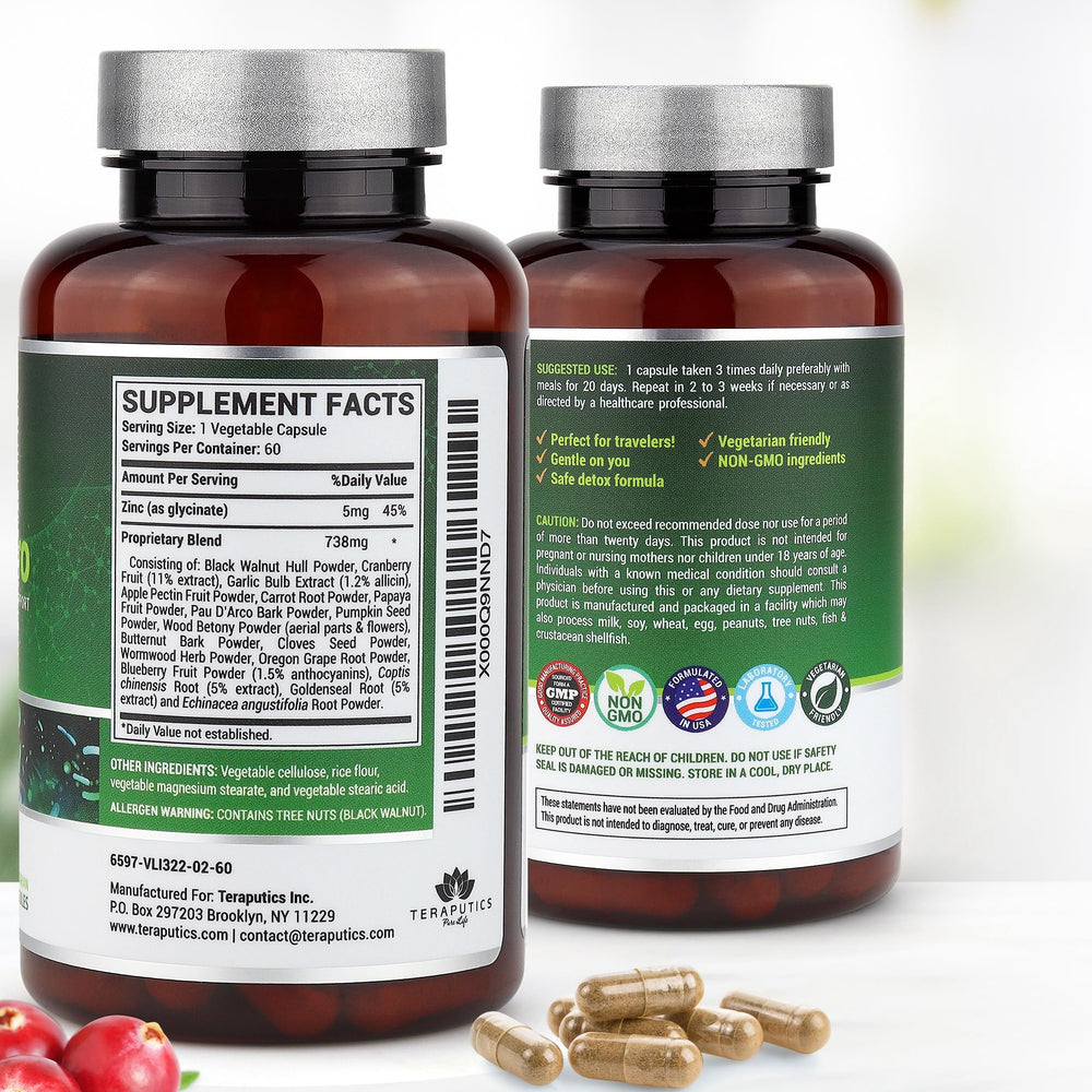 Teraputics IntestinePro mezcla de wormwood, nuez negra y clavo destacando ingredientes naturales