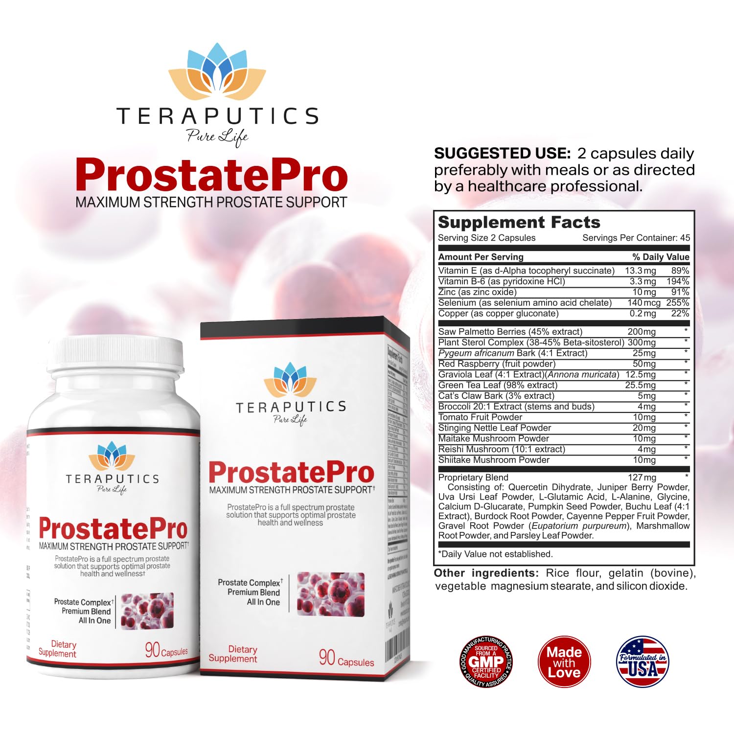 Teraputics ProstatePro cápsulas en primer plano para apreciar textura y tamaño