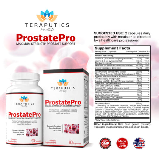 Teraputics ProstatePro cápsulas en primer plano para apreciar textura y tamaño
