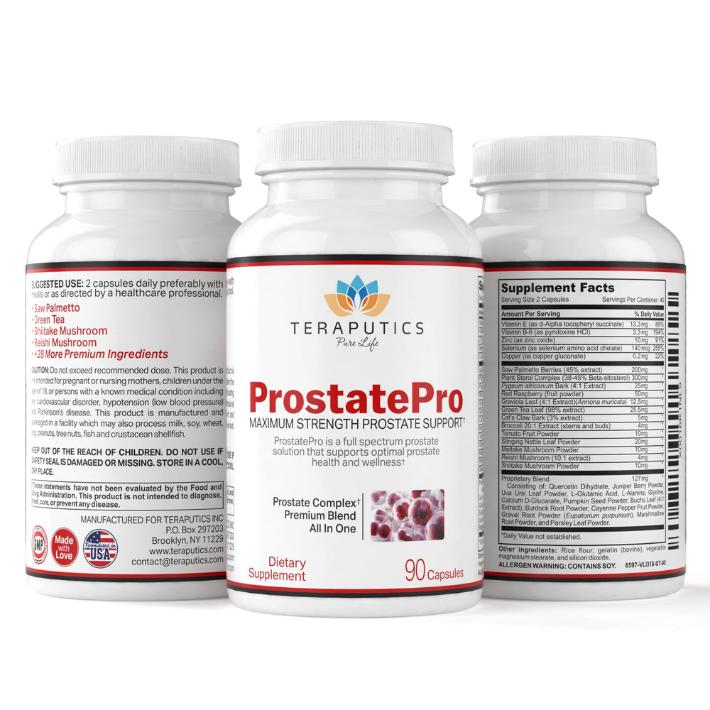 Teraputics ProstatePro etiqueta de producto destacando fabricación en EE. UU. y pruebas de calidad