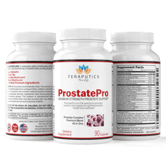 Teraputics ProstatePro etiqueta de producto destacando fabricación en EE. UU. y pruebas de calidad