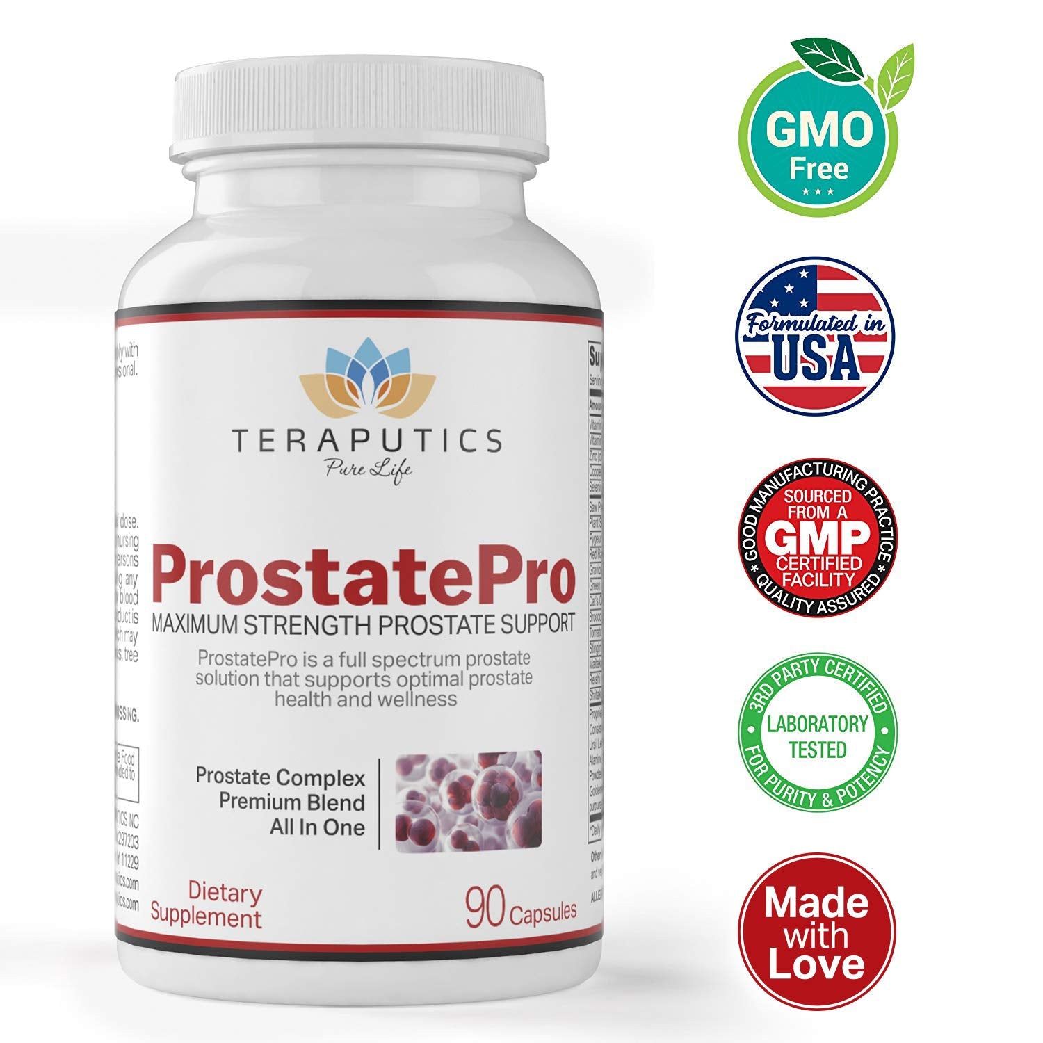 Teraputics ProstatePro ingredientes naturales sobre mesa indicando mezcla de 33 hierbas