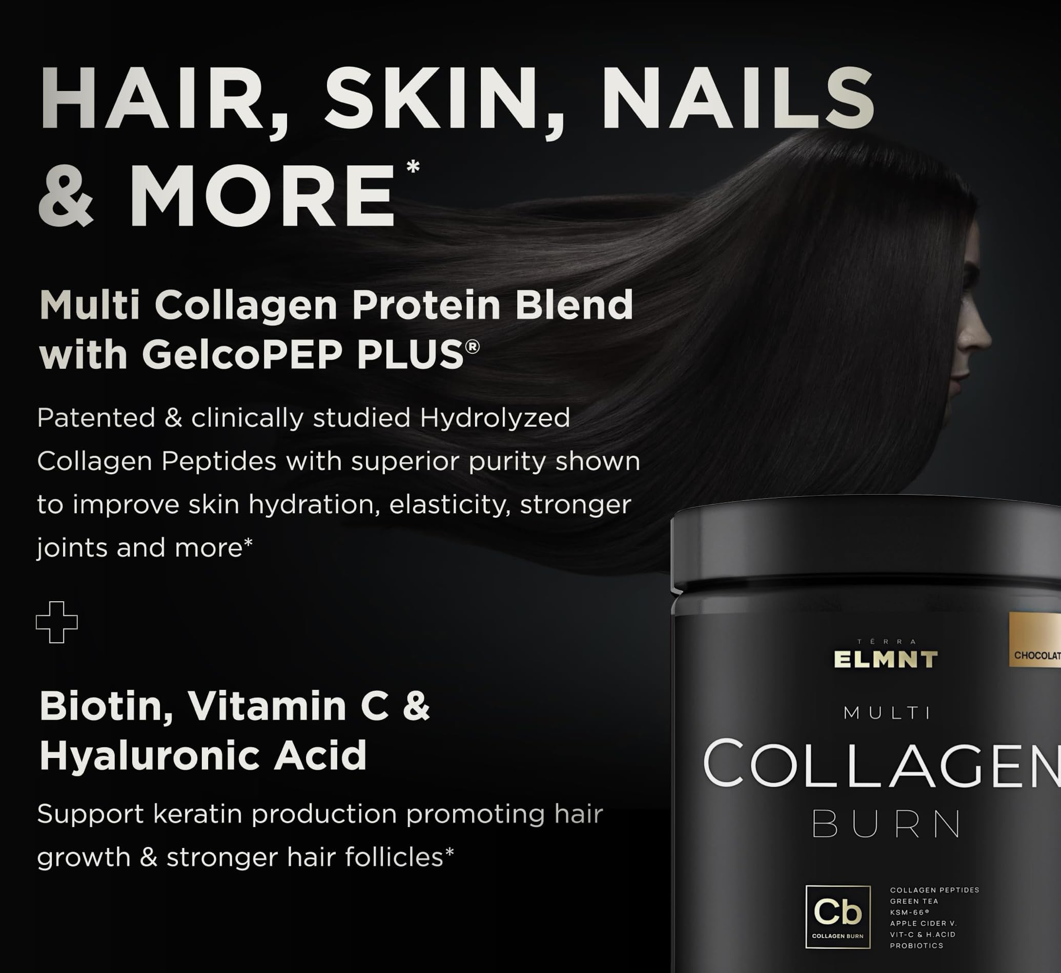 TERRA ELMNT detalle de etiqueta con ingredientes y dosis, transparencia y pureza