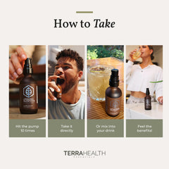 Terra Health persona aplicando y mezclando producto en bebida mostrando integración en rutina