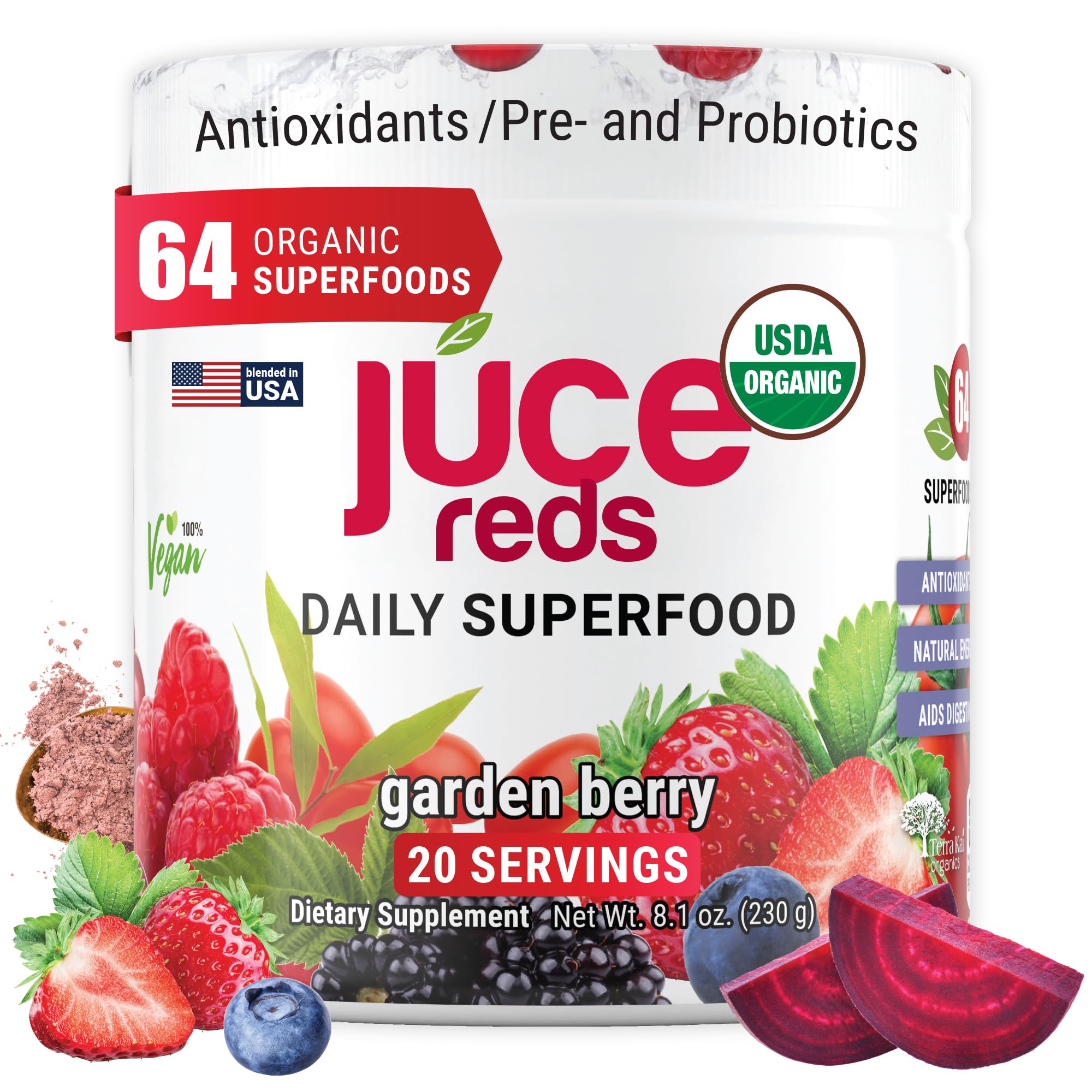Terra Kai Organics Juce Reds paquete frontal mostrando el diseño y beneficio orgánico