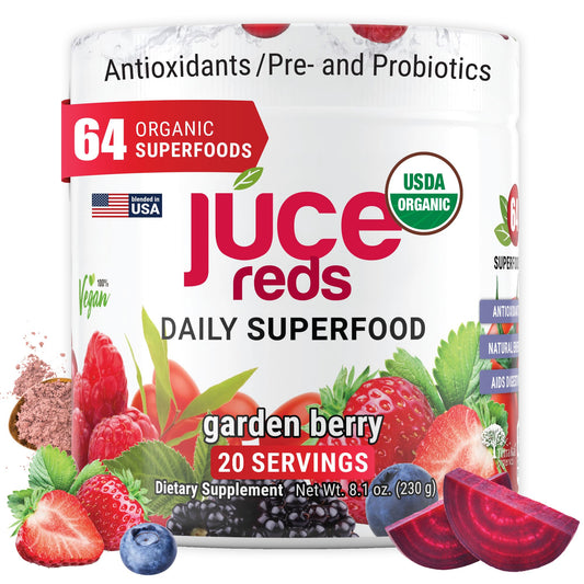 Terra Kai Organics Juce Reds paquete frontal mostrando el diseño y beneficio orgánico