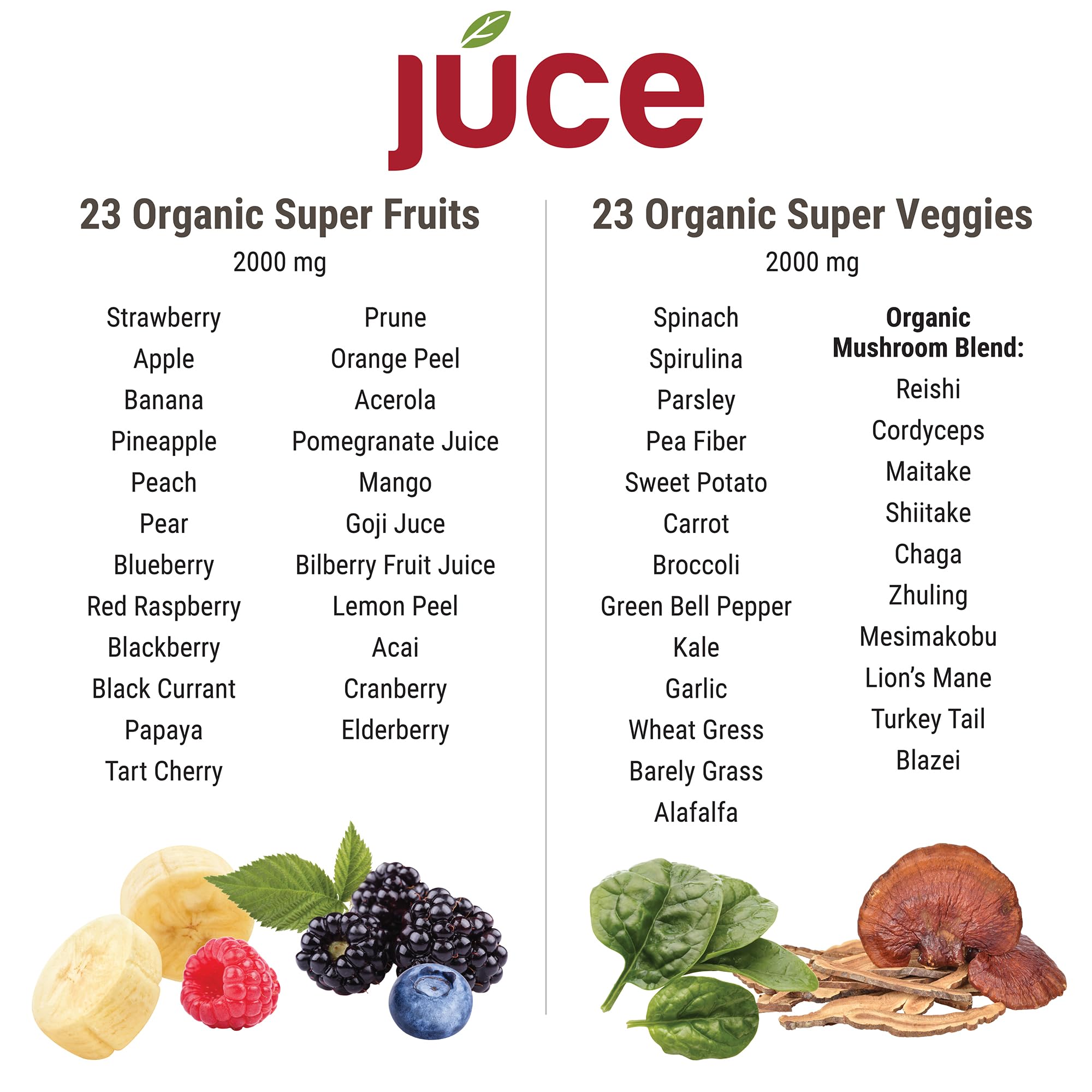 Terra Kai Organics selección de frutas y verduras que componen la fórmula