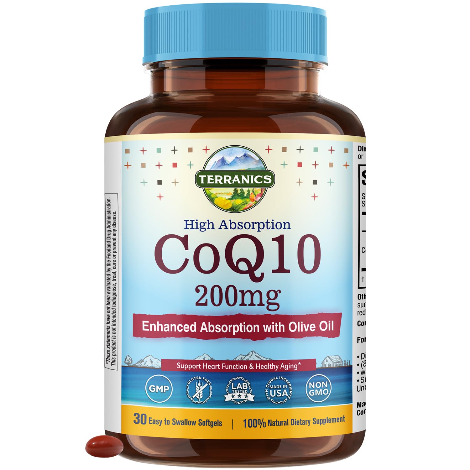 Terranics envase frontal claro mostrando 30 softgels y beneficios