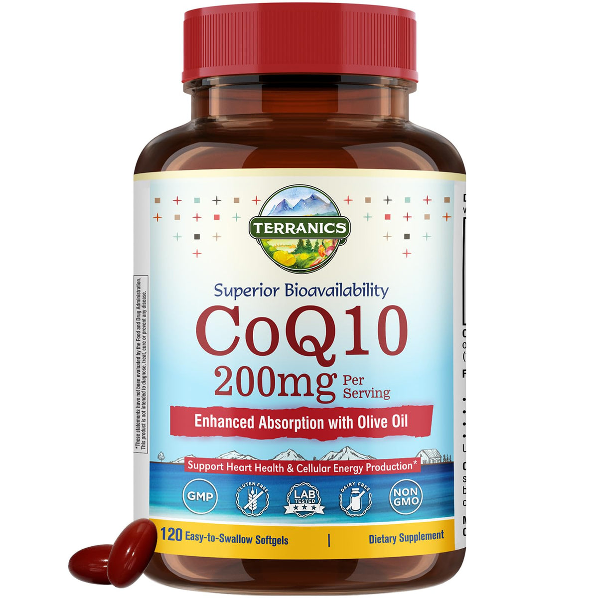 Terranics botella frontal mostrando CoQ10 200 mg y 120 cápsulas, confianza de calidad