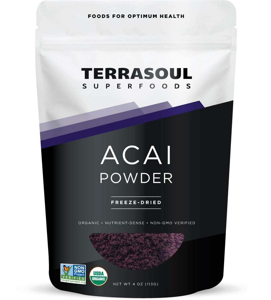 Terrasoul Superfoods acai frente del paquete mostrando el sello orgánico y beneficio de frescura
