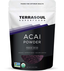 Terrasoul Superfoods acai frente del paquete mostrando el sello orgánico y beneficio de frescura
