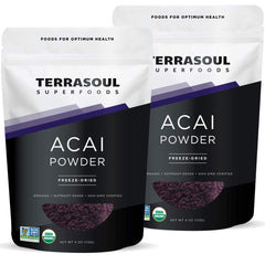 Terrasoul Superfoods paquete frontal mostrando el logo y el polvo orgánico, conveniencia para smoothies