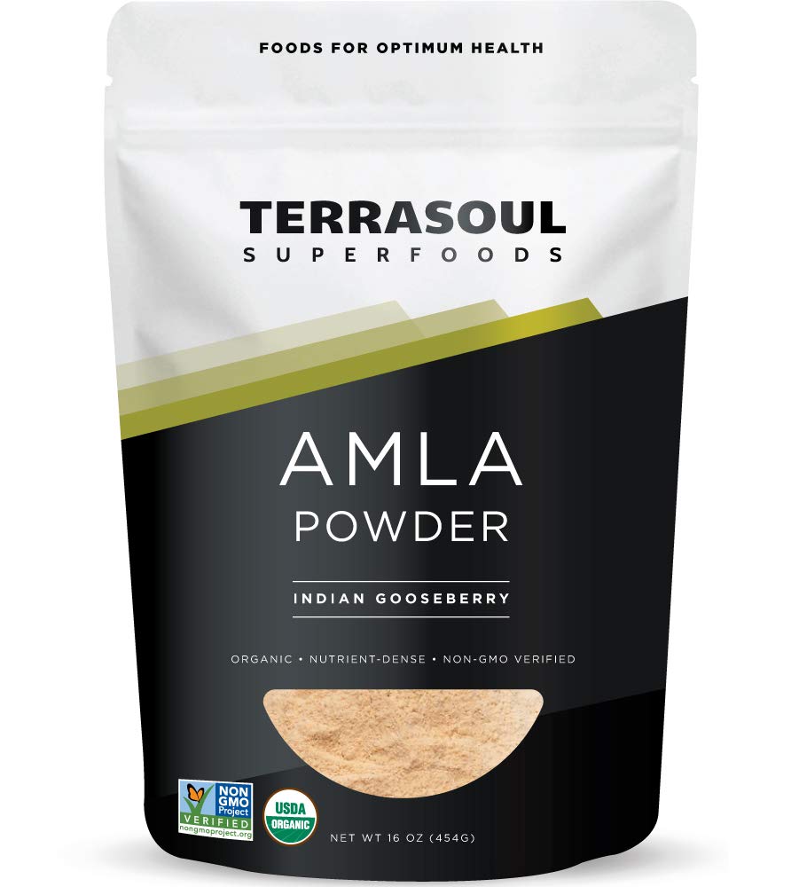 Terrasoul Superfoods envase frontal de amla en bolsa, clara presentación y origen orgánico