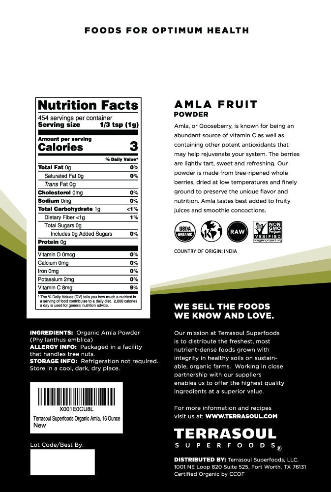 Terrasoul Superfoods textura fina del polvo de amla ideal para mezclar