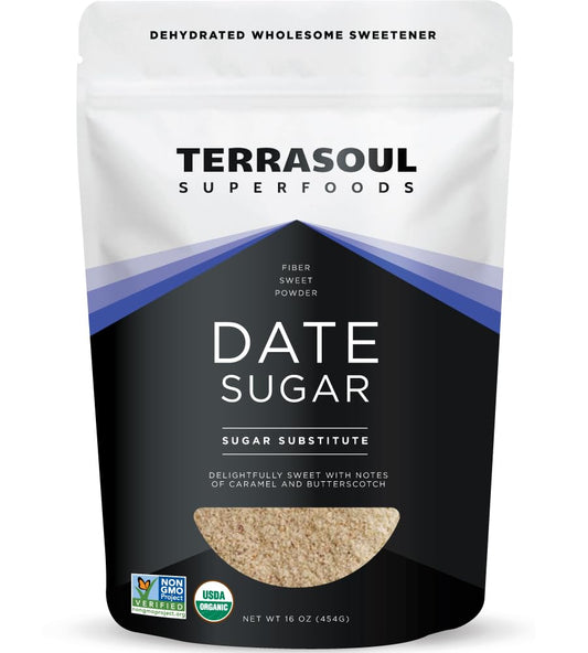 Terrasoul Date Sugar frasco 1 lb: endulza naturalmente y es versátil para hornear.