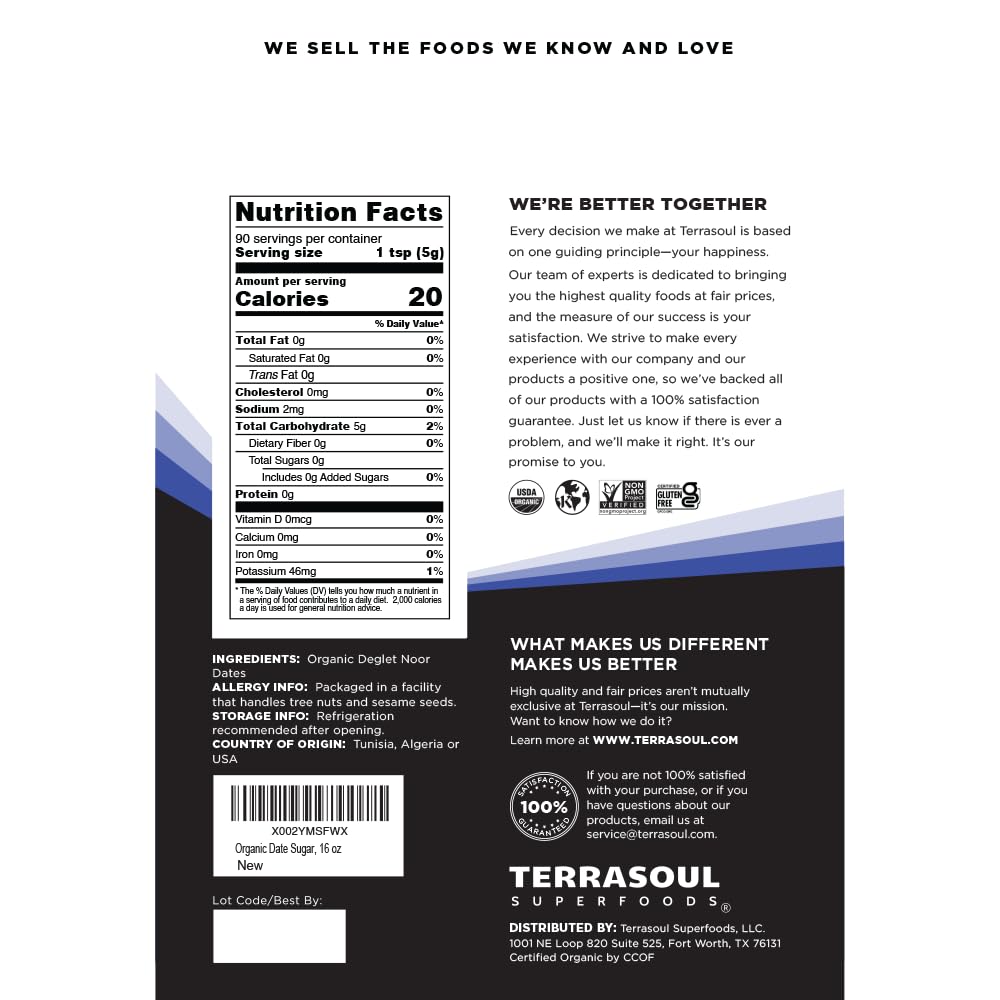Terrasoul Date Sugar granulado dorado: perfecto para repostería y toques de caramelo.
