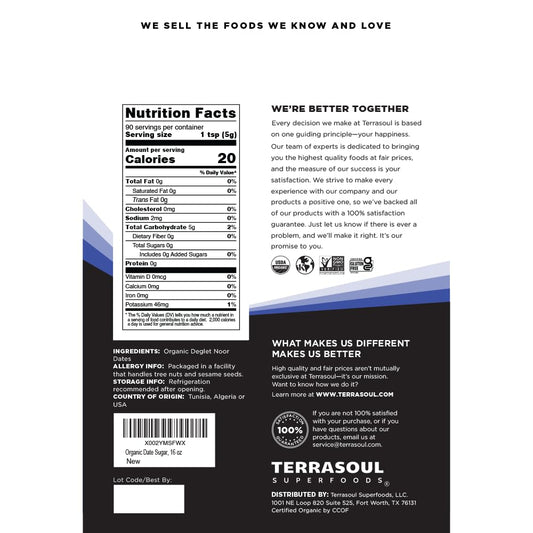 Terrasoul Date Sugar granulado dorado: perfecto para repostería y toques de caramelo.