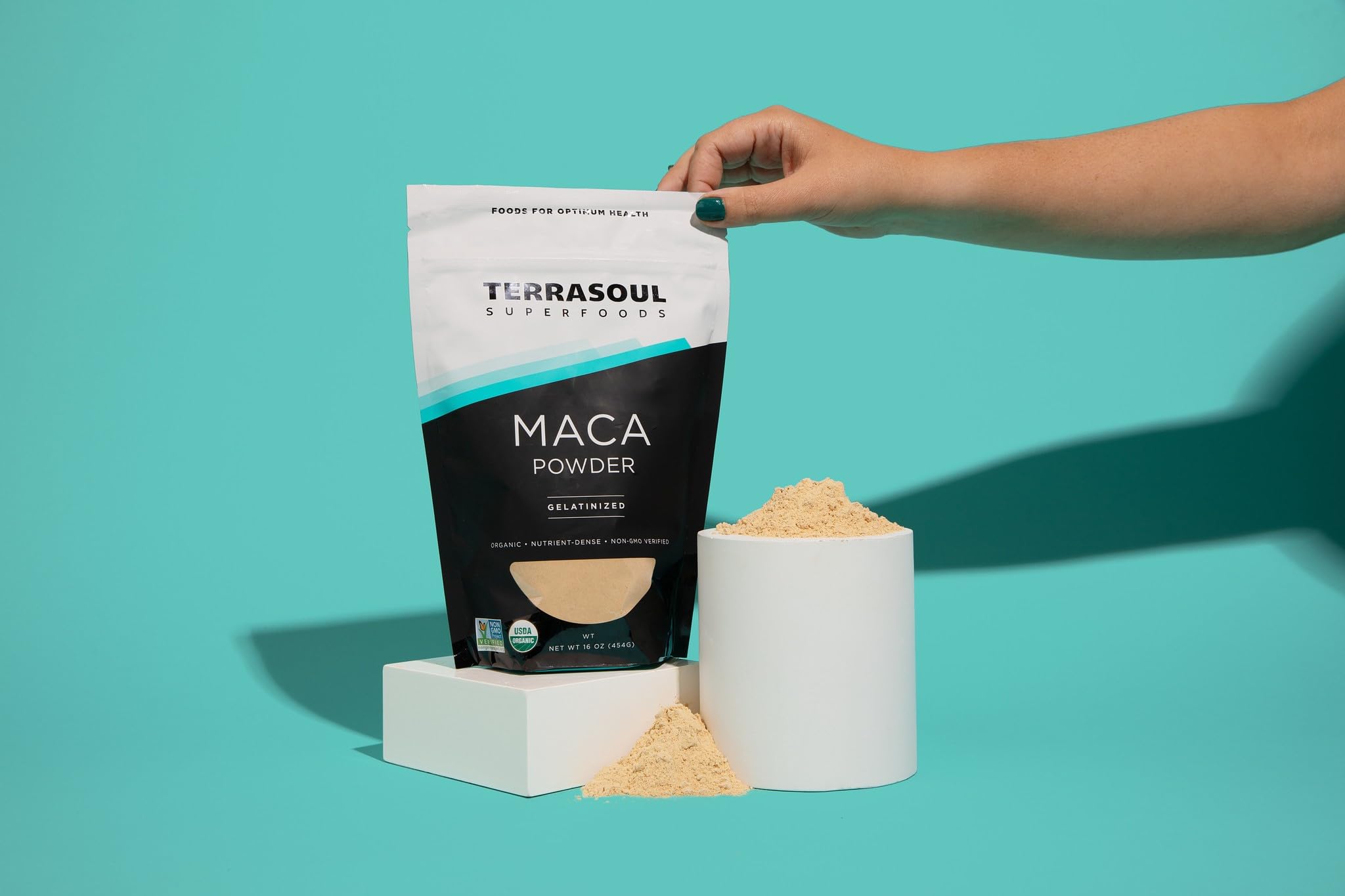 Terrasoul Superfoods maca etiqueta orgánica y sellos de certificación visibles