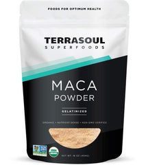 Terrasoul Superfoods maca en bolsa de 16 oz mostrando empaque y frescura