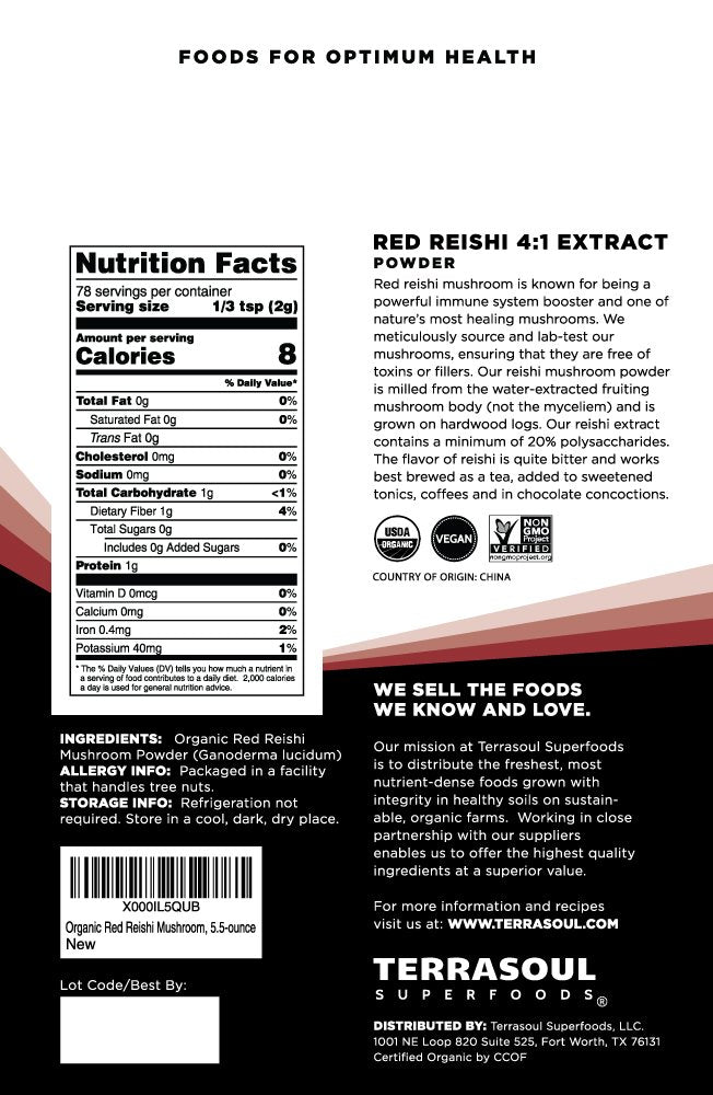 Terrasoul Superfoods textura del polvo de Reishi para mezcla fácil y absorción